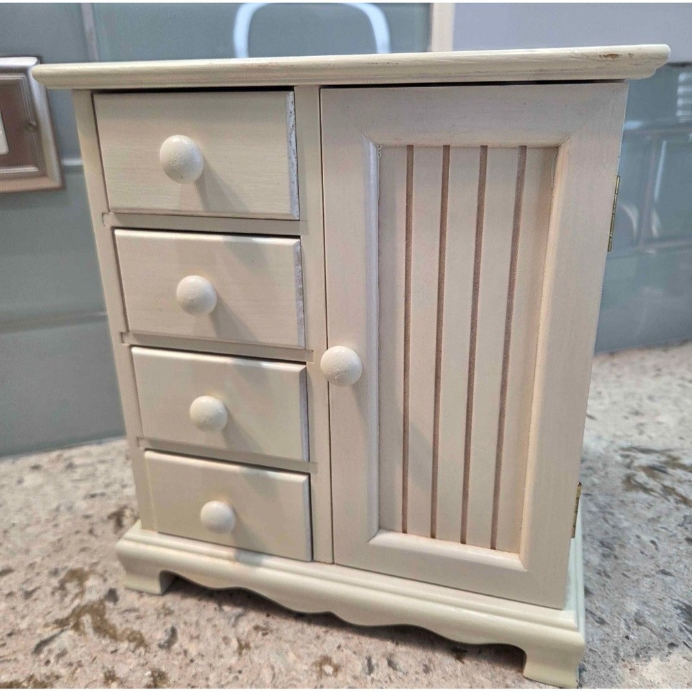 Vtg Mele & Co Jewelry Armoire Box Off White Mirror Carousel 4 Drawer Shabby Chic